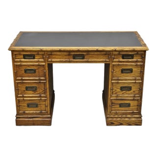 Vintage Hollywood Regency Faux Bamboo Campaign Style Kneehole Desk by Sligh For Sale
