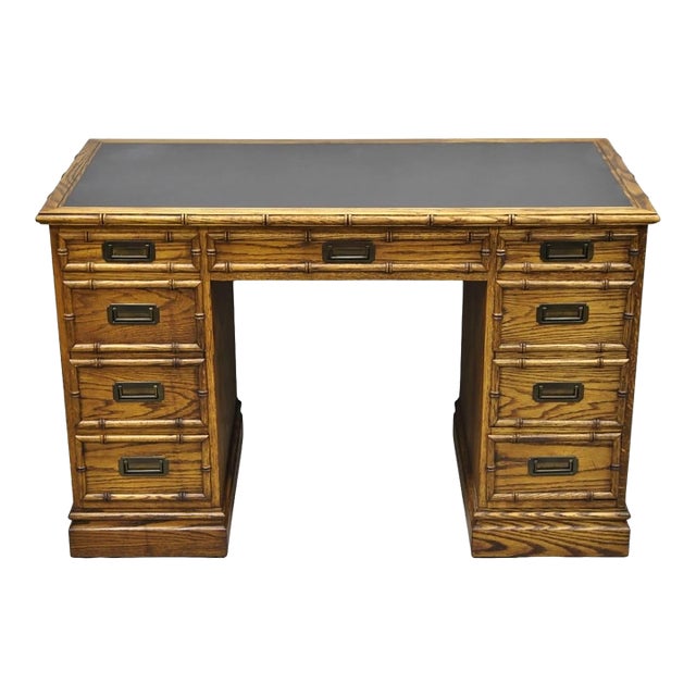 Vintage Hollywood Regency Faux Bamboo Campaign Style Kneehole Desk by Sligh For Sale