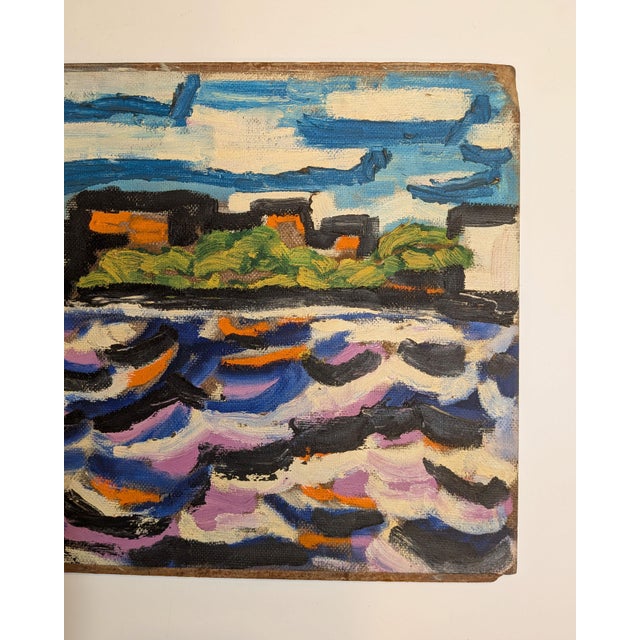 Mid-Century Modern Mid-Century Expressionist Waterfront Landscape Painting, Acrylic on Board For Sale - Image 3 of 4
