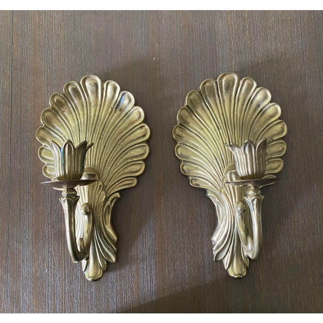 Vintage Art Deco Hollywood Regency Brass Shell & Tulip Wall Sconces- a Pair For Sale In Atlanta - Image 6 of 6
