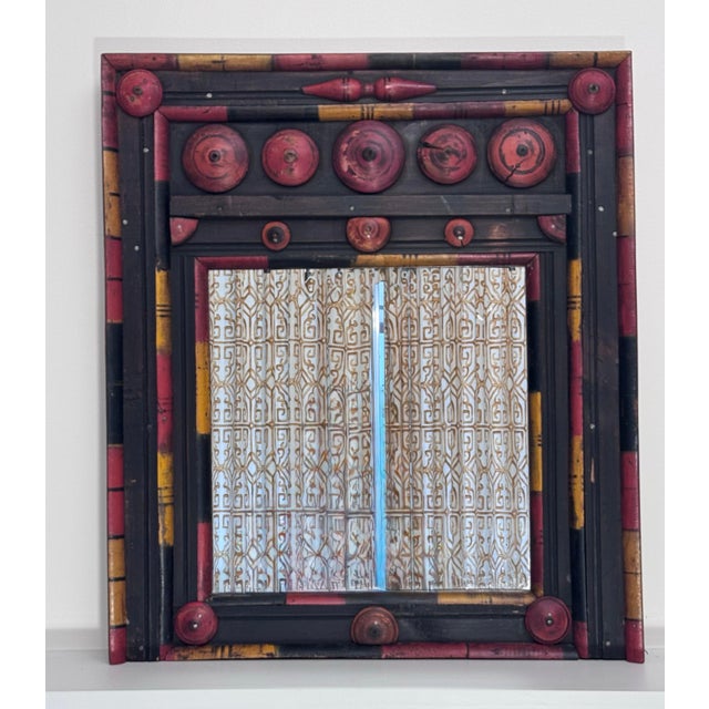 Tribal Vintage Tribal Folk Art Painted Wood Wall Mirror in Black, Red & Yellow For Sale - Image 3 of 13