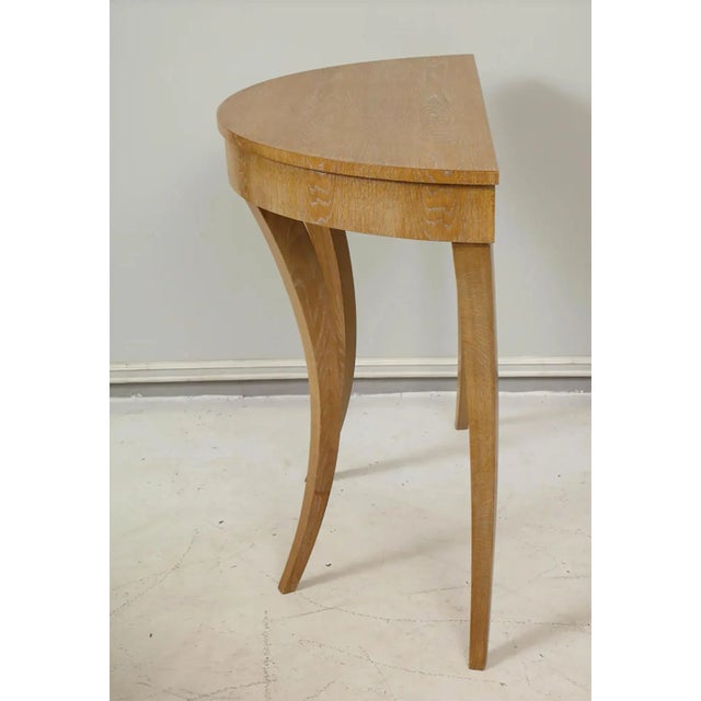 Bespoke Cerused Oak Bobo Demilune Console on Splayed Tapered Legs For Sale - Image 10 of 12