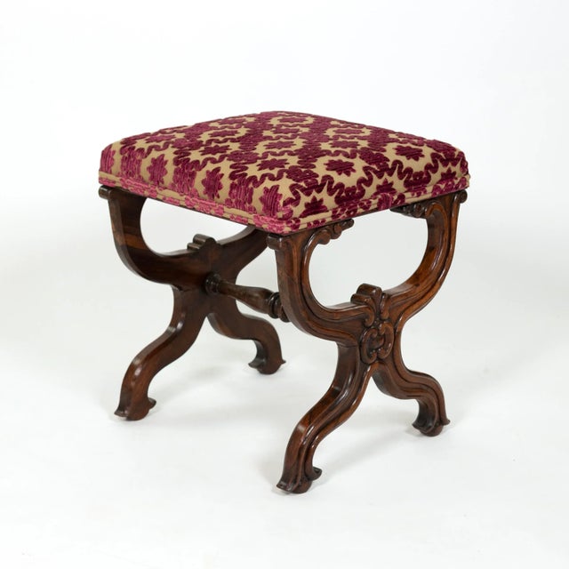 Late 19th Century Carved Mahogany Curule Form Upholstered Stool With New Velvet Upholstery English, Circa 1890 For Sale - Image 5 of 8