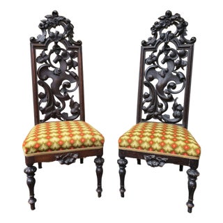 Pair of High Back 49" Side Chairs in Black Walnut Heavily Carved Black Forest Rococo Renaissance Revival For Sale
