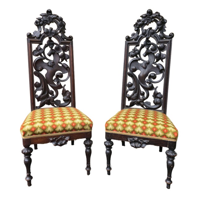 Pair of High Back 49" Side Chairs in Black Walnut Heavily Carved Black Forest Rococo Renaissance Revival For Sale