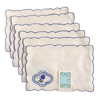 Vintage Linen Cocktail Napkins - Blue Embroidered Floral - Set of 6 – Scalloped Edge (Portugal) For Sale