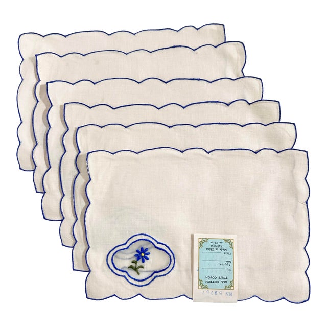 Vintage Linen Cocktail Napkins - Blue Embroidered Floral - Set of 6 – Scalloped Edge (Portugal) For Sale