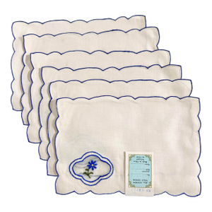 Vintage Linen Cocktail Napkins - Blue Embroidered Floral - Set of 6 – Scalloped Edge (Portugal)