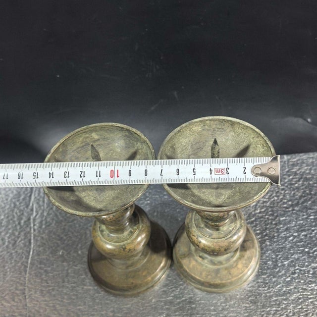 Pair of Vintage Bronze Candlesticks, Traditional Pricket Candle Holders, Chinoiserie Altar Decor For Sale - Image 10 of 10