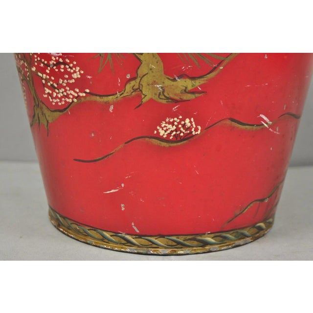 Mid 20th Century Italian Chinoiserie Hand Painted Oriental Red Tole Metal Wastebasket Trashcan For Sale - Image 17 of 18