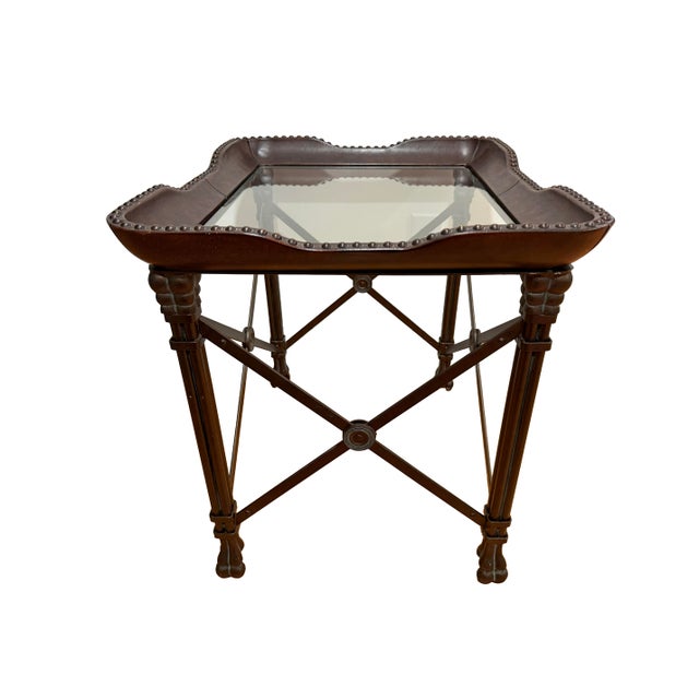 1980s Maitland Smith Leather, Bronzed Wrought-Iron and Glass Side Table For Sale - Image 5 of 11