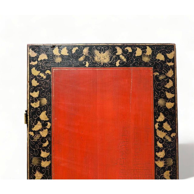 Wood Chinoiserie Red & Gold Painted Lacquer 4 Panel Screen With Black & Gold Border For Sale - Image 7 of 15
