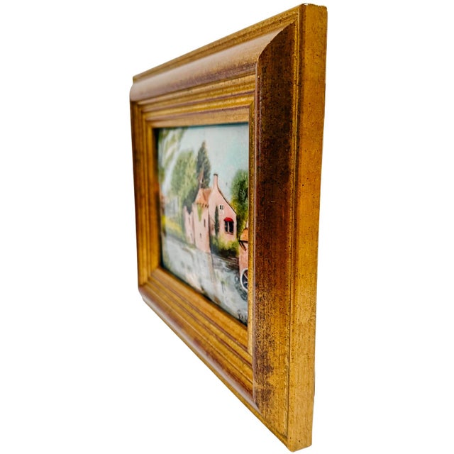 Vintage French Hand-Painted Petite Enamel Landscape Framed Paintings - Set of 2 For Sale - Image 11 of 13