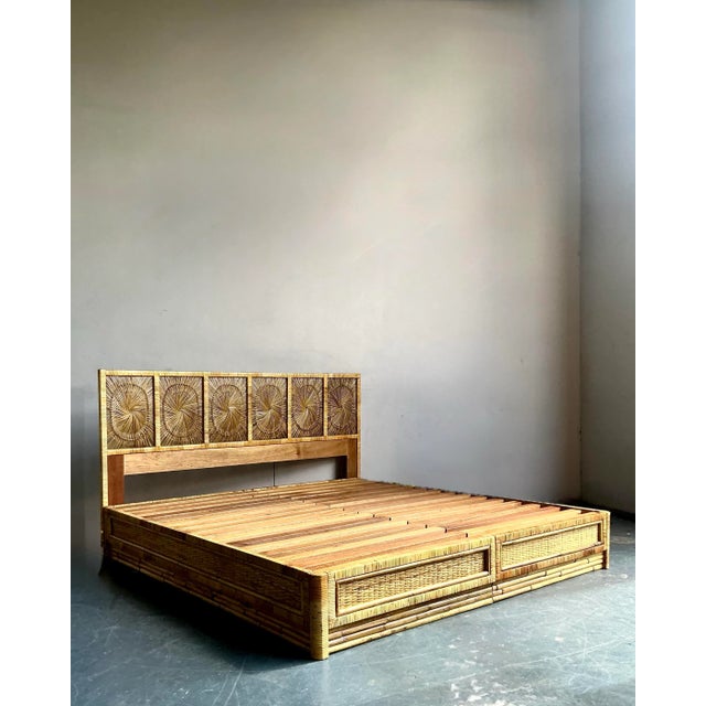 Wood Vintage Coastal Sunburst Rattan King Platform Bed For Sale - Image 7 of 8