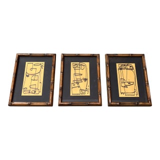 Contemporary 3 Original Wayne Cunningham Abstract Marker Drawings Vintage Faux Bamboo Frames-Set of 3 For Sale