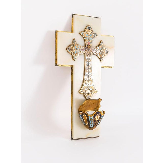 Antique French Alabaster Champleve Enamel Holy Water Font Stoop, 1800s For Sale - Image 16 of 18
