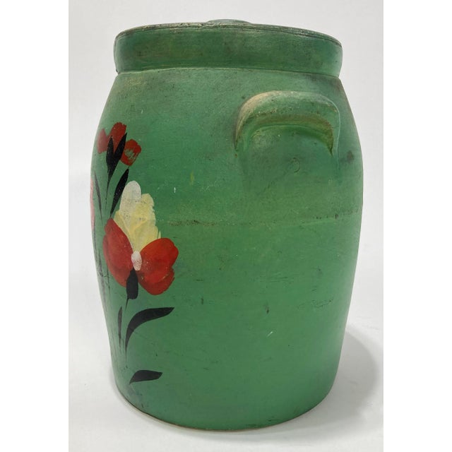 Antique Green Hand-Painted Floral Motif Lidded Crock For Sale - Image 4 of 8