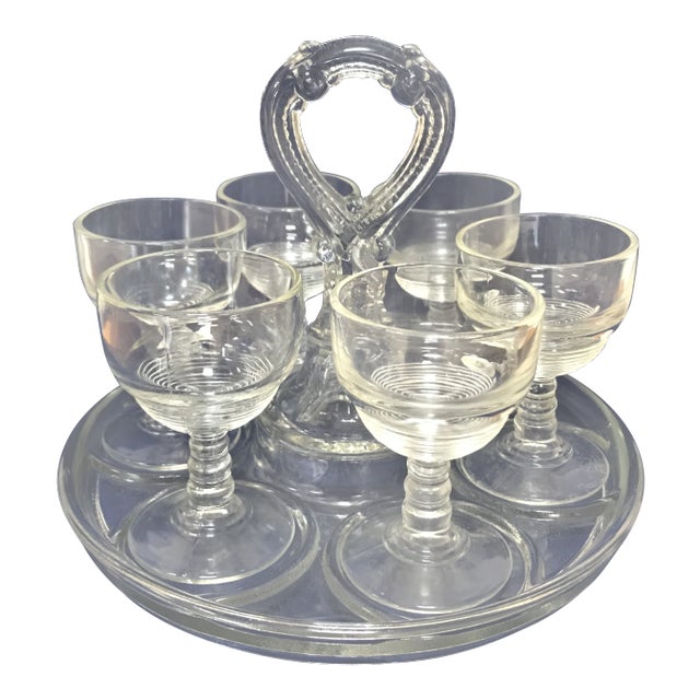 1880s Ribbed Glasses on Serving Tray - Set of 7 For Sale
