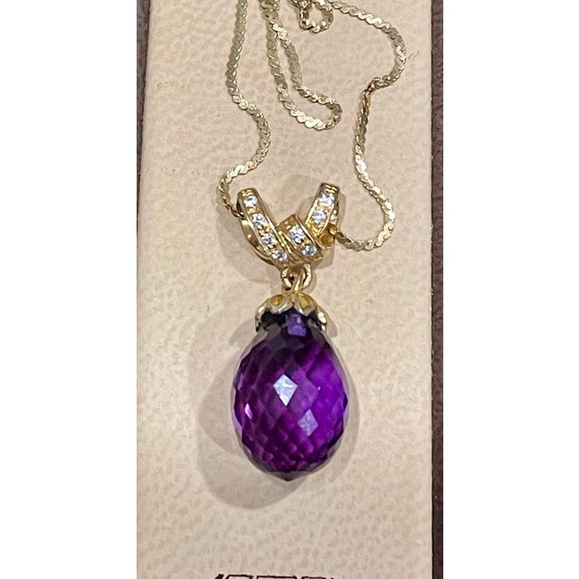 Early 21st Century Checkerboard Amethyst Drop & Diamond Pendent/Necklace 14 Karat Yellow Gold Chain For Sale - Image 5 of 18