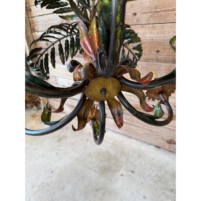 Traditional Mid-20th Century Italian Regency Tole Palm Chandelier – Six-Light Fixture With Verdigris Finish For Sale - Image 3 of 12