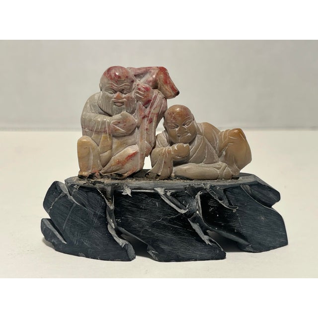 Chinese Set of 2 Vintage Chinese Buddist Art Hand Carved Stone Figurines For Sale - Image 3 of 7