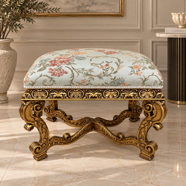 Elevate your interior with this ornate French Rococo-style bench, featuring an elaborately carved and gilded frame paired...
