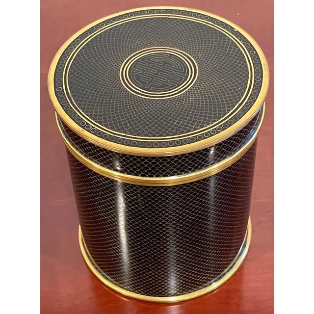Mid 20th Century Mid-Century Chinese Black & Gold Cloisonné 'Good Luck' Circular Table Box For Sale - Image 9 of 12