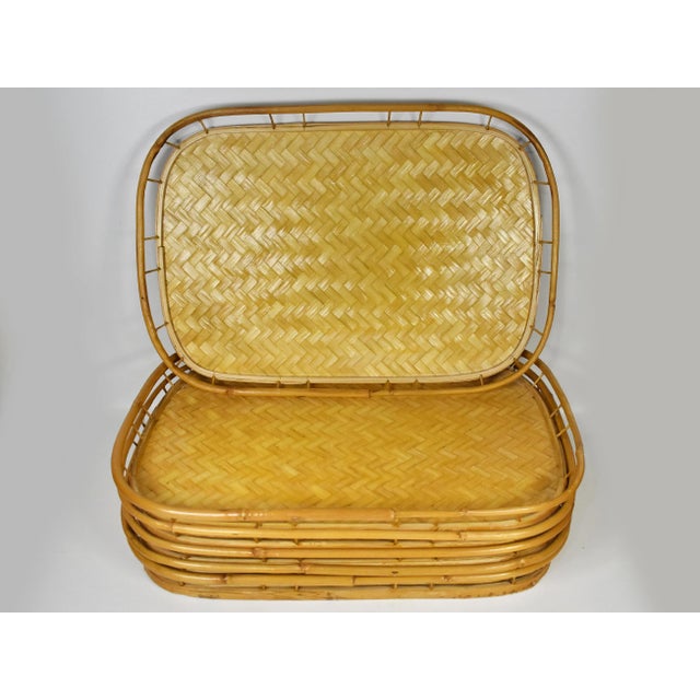 Vintage Mid-Century Woven Rattan Stacking Serving Tiki Trays- Set of 6 For Sale - Image 10 of 10