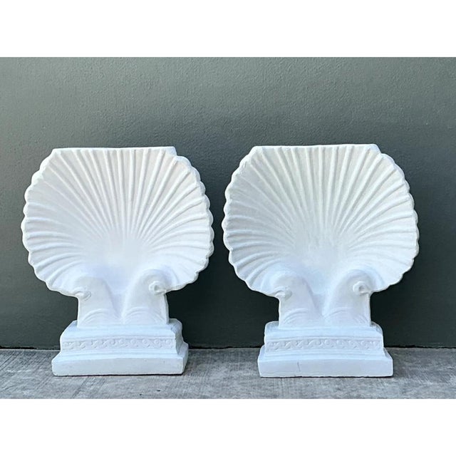 White Vintage Cast Cement Shell Form Pedestals - Pair For Sale - Image 8 of 12