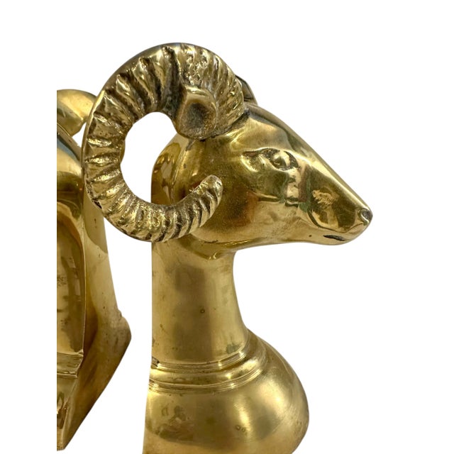 1970s Vintage Brass Rams Head Bookends - A Pair For Sale - Image 5 of 12