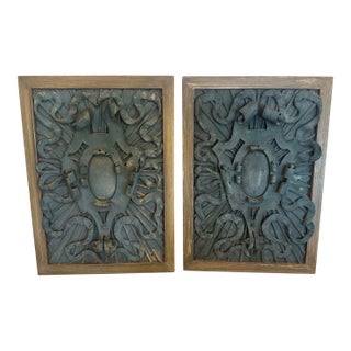 Framed Iron Architectural Fragments With Verdigris Patina- A Pair For Sale