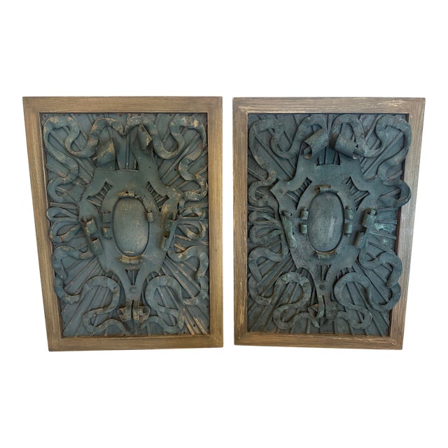 Framed Iron Architectural Fragments With Verdigris Patina- A Pair For Sale