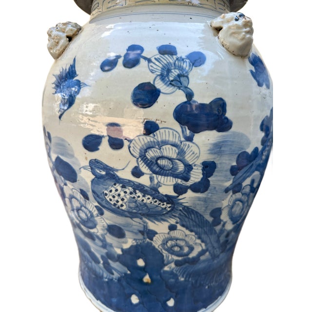 Extra Large Flowers and Birds Chinoiserie Pottery Ginger / Temple Jars - A Pair For Sale - Image 4 of 5