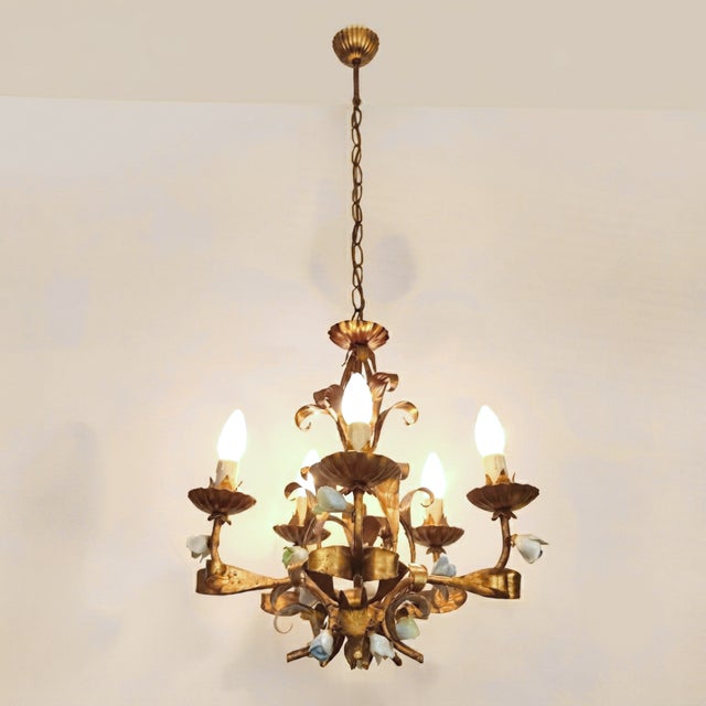 Vintage Hollywood Regency Florentine Five-Arm Metal Chandelier with Porcelain Flowers, 1970s For Sale - Image 11 of 18