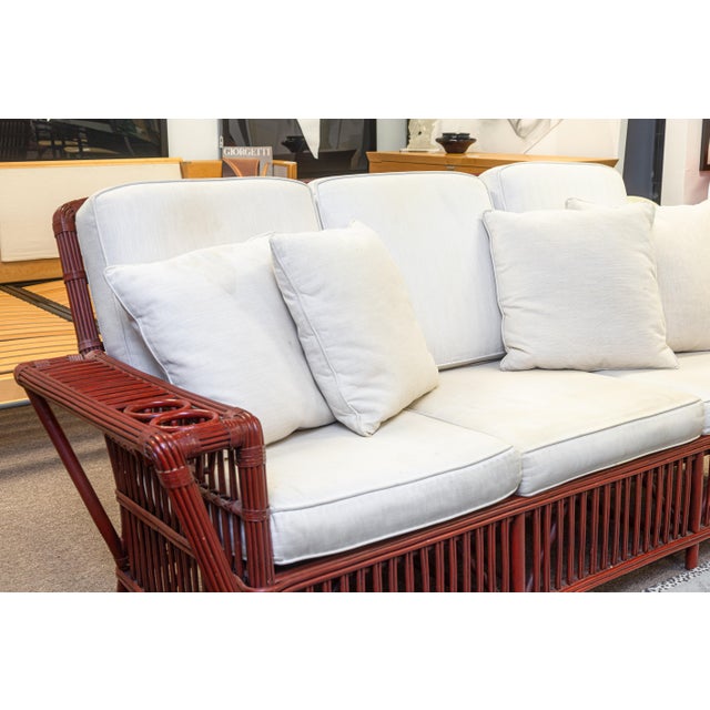 Pair of Vintage Palecek President's Chairs Red Rattan White Cushion Patio Chairs For Sale - Image 12 of 16