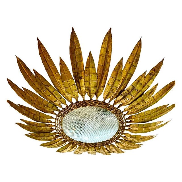 1950s Large Spanish Crown Sunburst Fixture in Gilt Metal and Curved Glass, 1950 For Sale - Image 5 of 5