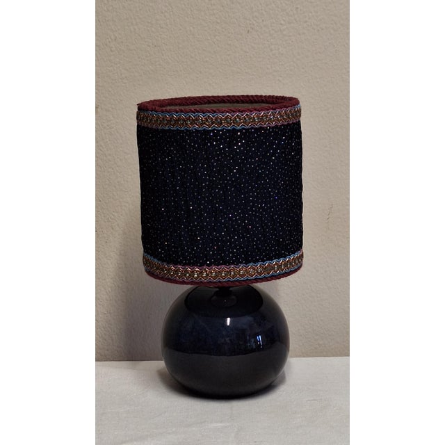 Vintage Table Lamp with Dark Blue Ceramic Base and Fabric Shade, 1990s, in Very Good conditions. Designed 1990 to 1999...