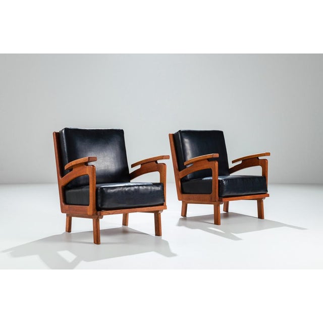 Belgian Lounge Chairs in Oak with Leather Cushions, 1960s, Set of 2 For Sale - Image 6 of 17