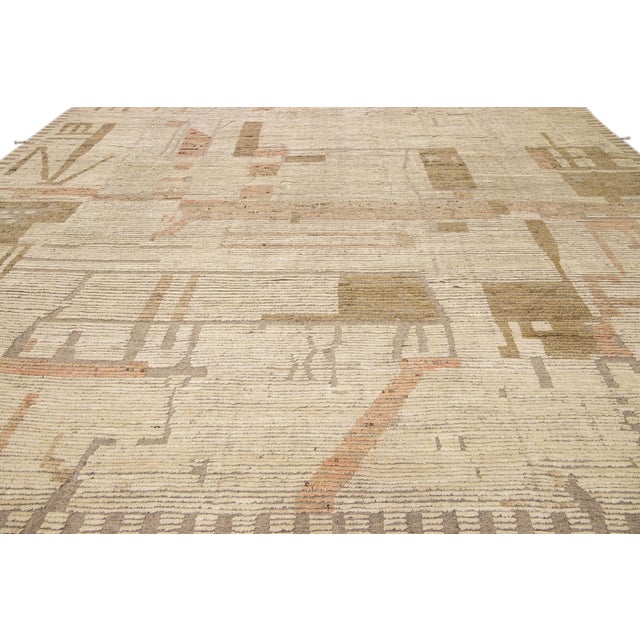 Moroccan Modern Boho Chic Moroccan Style Handmade Abstract Beige Square Wool Rug For Sale - Image 3 of 10