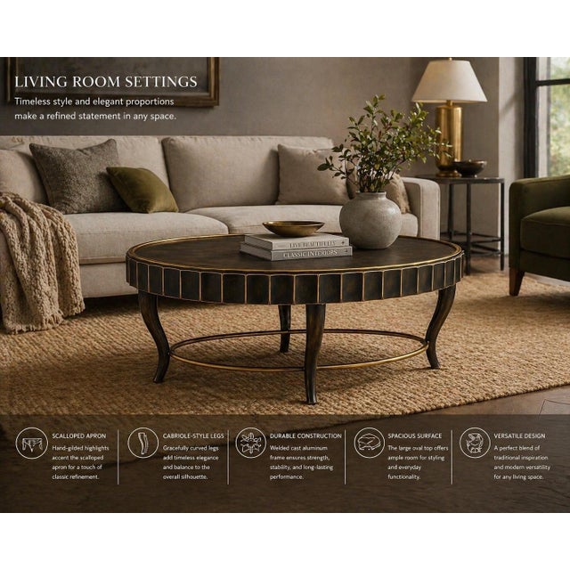 Mid 20th Century Mid 20th Century Hollywood Regency Oval Coffee Table by Decca — Dark Antique Brass Finish With Hand-Gilded Scalloped Apron For Sale - Image 5 of 6