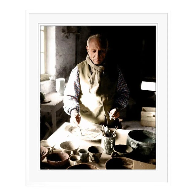 Picasso in His Atelier White Framed Archival Pigment Print For Sale
