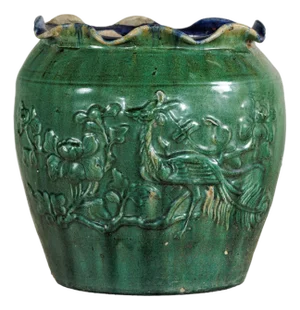 Antique Annamese Green-Glazed Planter with Scalloped Rim and Phoenix Motif