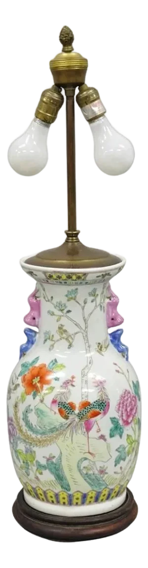 Vintage Oriental Porcelain Jardiniere Vase Bird and Flower Painted Table Lamp