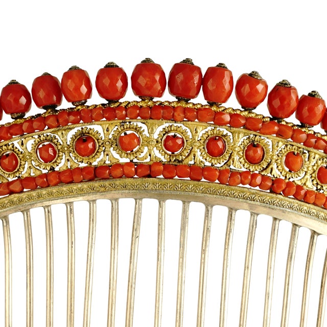 Antique French Empire Coral Hair Comb Diadem Tiara Gold Vermeil Silver For Sale - Image 4 of 12