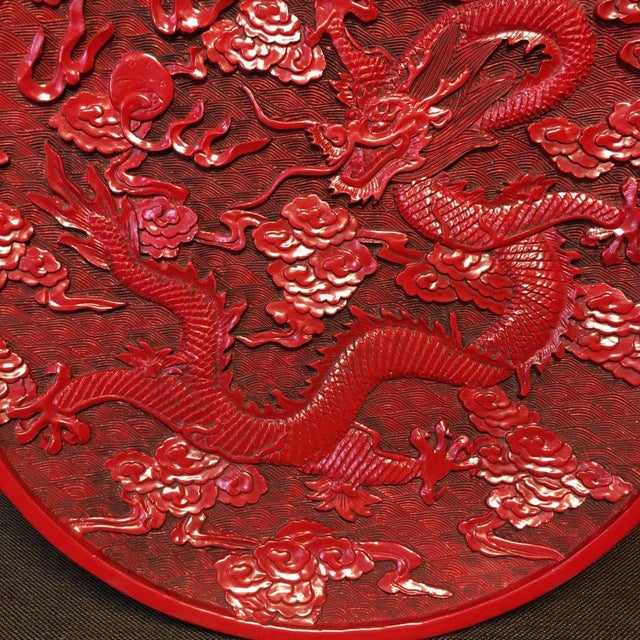 Paint Carved Cinnabar Lacquer Plate — Dragon & Cloud Motif, Hand-Carved Relief For Sale - Image 7 of 9
