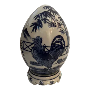 1980s Chinese Porcelain Egg With Cobalt Blue Rooster and Bamboo Design