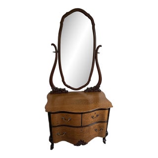 Restored Antique Serpentine Two-Tone Tiger Oak Vanity With Biomorphic Mirror For Sale