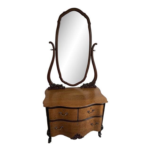Restored Antique Serpentine Two-Tone Tiger Oak Vanity With Biomorphic Mirror For Sale