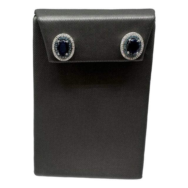 Blue Sapphire and Diamond Studs in 10kt White Gold – Push Backs, New, A Pair For Sale