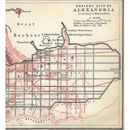 Circa 1900 map of the Alexandria, Egypt of the past, from an Egyptian travel atlas. Combined shipping available, please...